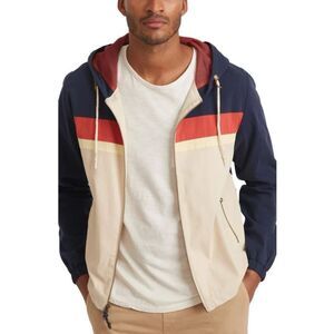 Marine Layer Dawson Hooded Stretch Twill Windbreaker in Navy/Natural